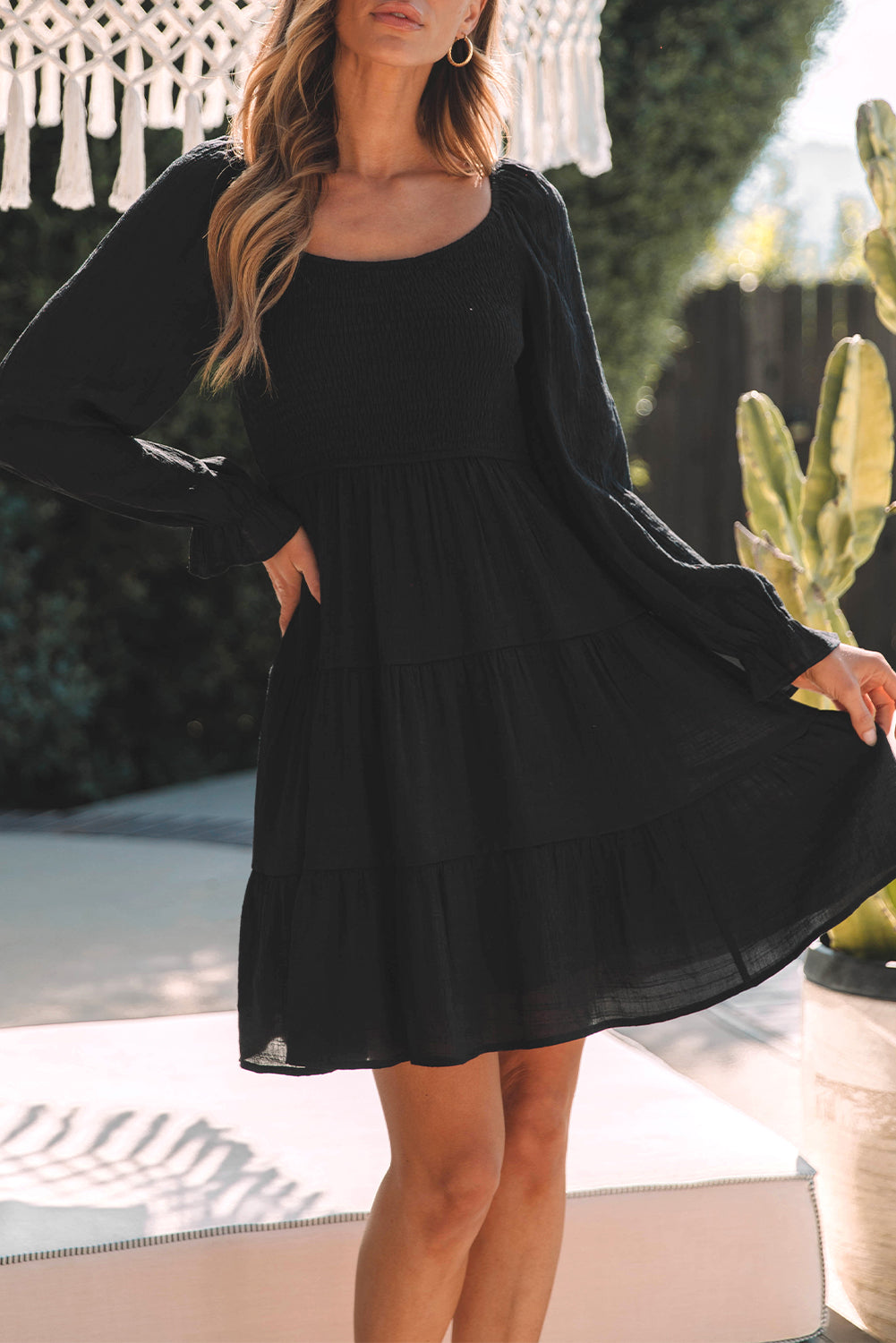 Black Smocked Tiered Mini Dress