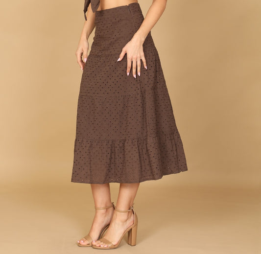 Brown Eyelet Tiered Skirt