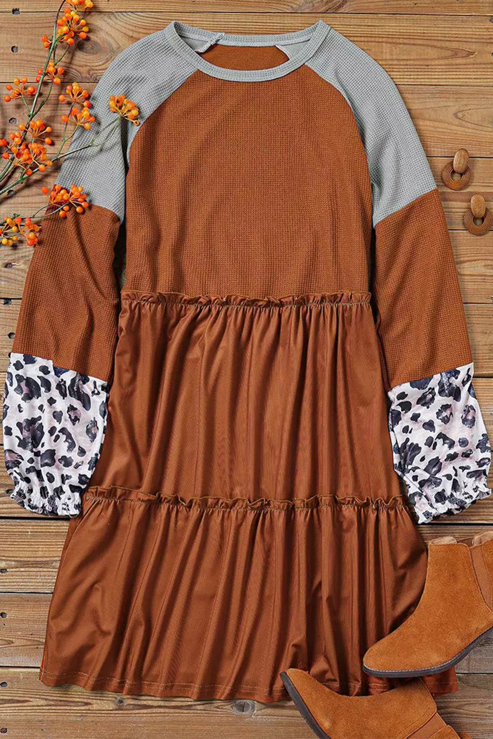 Brown Waffle Leopard Dress