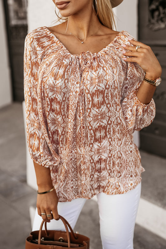 Brown Drawstring 3/4 Sleeve Blouse