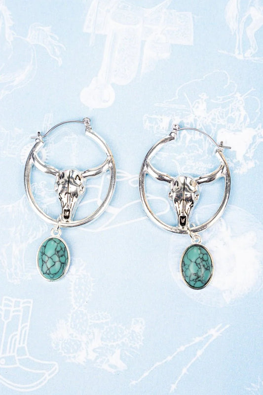 TURQUOISE STEER HEAD HOOP EARRINGS