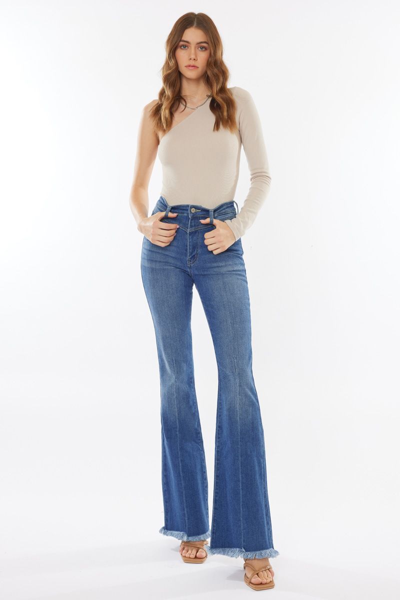 KanCan HIGH RISE FRAYED HEM FLARE JEANS MEDIUM STONE WASH