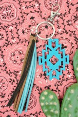 Blue Wood Aztec Tassel Keychain