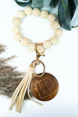 Pray Wood Disk Ivory Leopard Beaded Bracelet Keychain