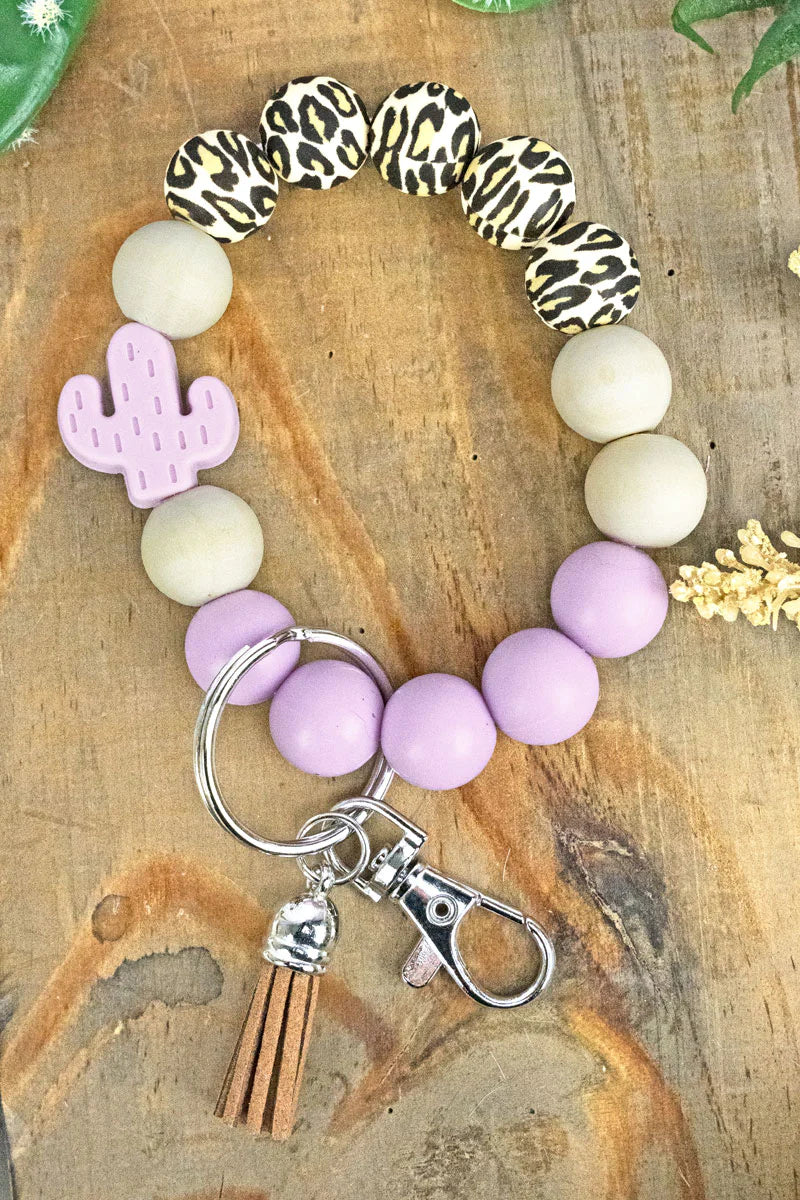 LAVENDER CACTUS LEOPARD BEADED BRACELET KEYCHAIN